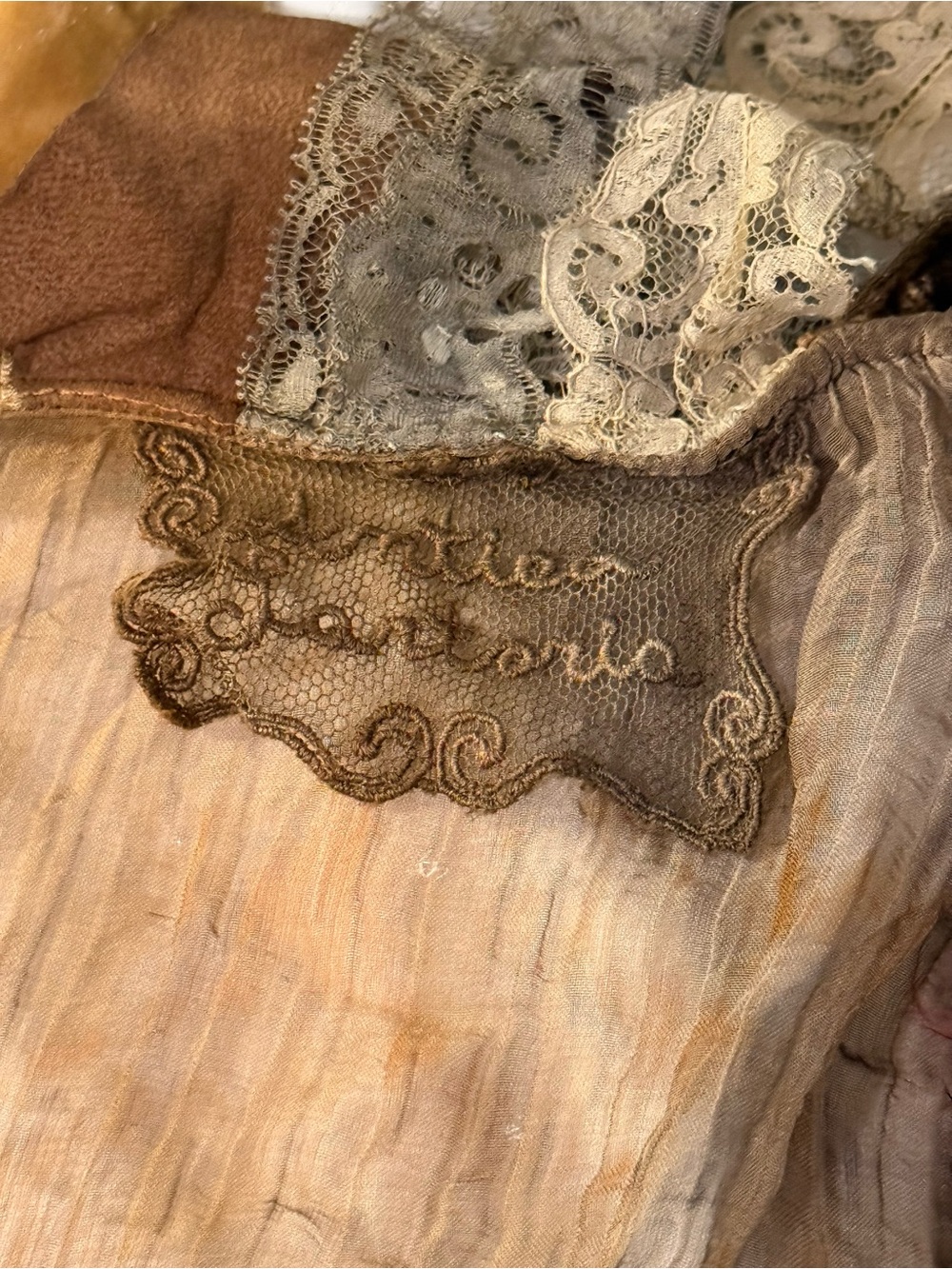 Insane Brown Scoop Neck Top with Lace Sleeves and Ruffles and Feather Accents - Picture 7 of 13